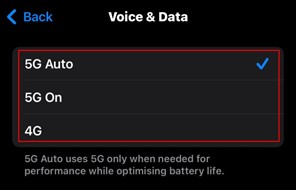 Screenshot: 5G auto, 5G on, 4G