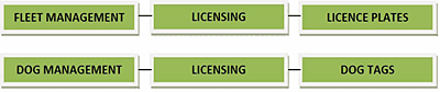 Table showing how the deficiencies using a thesaurus structure cannot happen in a business classification scheme; the top line links the three terms Fleet Management, Licensing and Licence Plates; the bottom line links the three terms Dog Management, Licensing and Dog Tags; there is no possible cross-over between the terms to create confusion.